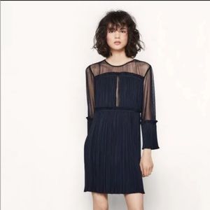 Maje navy pleated sheer dress. New without tags (never worn)